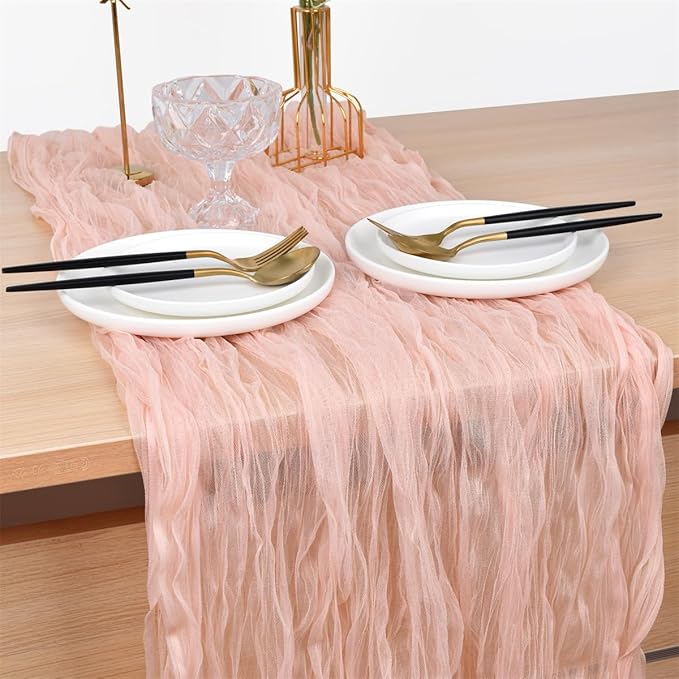 Joanlody Peach Cheesecloth Table Runner Spring Easter 10Ft Rustic Gauze Boho Cheese Cloth Table Runner for Wedding Bridal Baby Shower Decoration 4 Pack