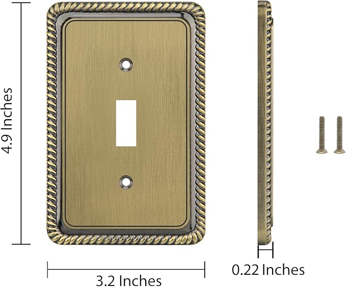 Henne Bery Rope Edge Decorative Wall Plate Switch Plate Outlet Cover (Single Toggle, 2 Pack, Antique Brass)