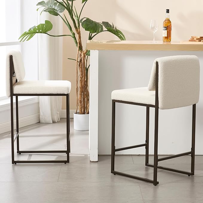 Modern Barstools Set of 2, 26” Upholstered Counter Height Bar Stools Sherpa Fabric Counter Stools with Padded Back Metal Frame for Kitchen Island Dining Room, White