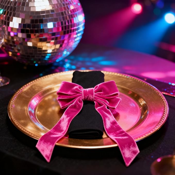 Bow Napkin Rings Set of 6 Luxury Soft Hot Pink Velvet Napkin Holders, Elegant Bow Design for Christmas Holiday Dinner Wedding Party Table Decor
