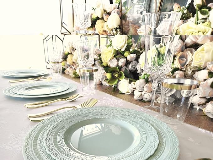 " OCCASIONS " 640pcs set (80 Guests)-Extra Heavyweight Vintage Wedding Disposable/Reusable Plastic Plates 80 x 11'' + 80 x 8.25''+Silverware+Cups+Napkins (Chateau in Mint)