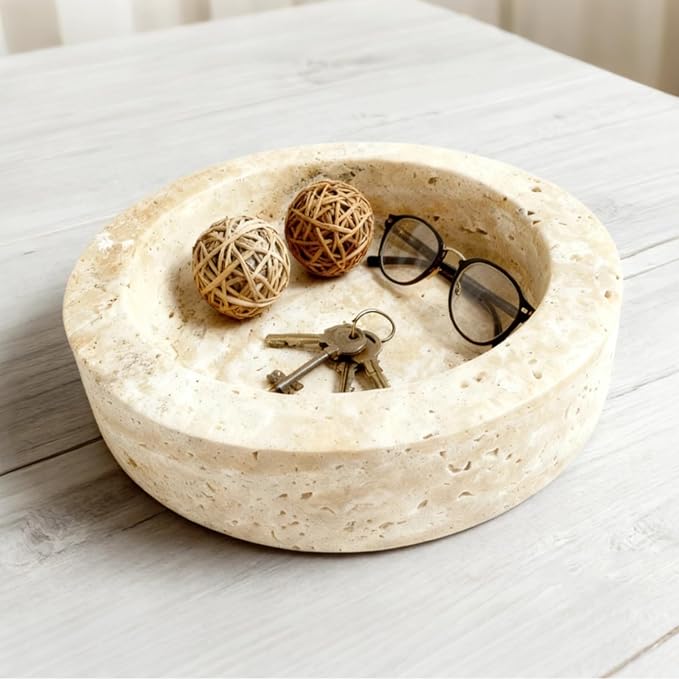 Natural Travertine Marble Bowl - 7.8″ Handcrafted Stone Decorative Bowl for Kitchen Fruit, Entryway Keys, Dining Table Centerpiece & Modern Home Decor