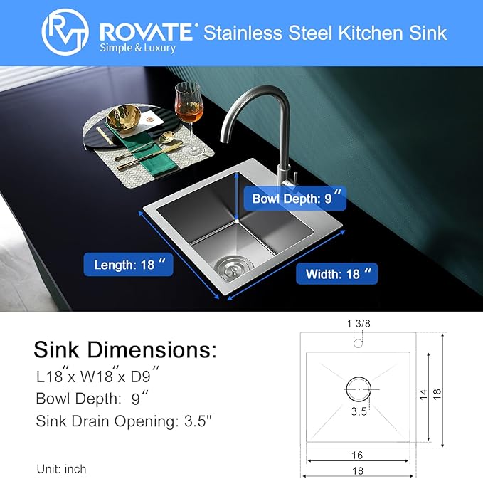 ROVATE 18 × 18 x 9 inch Drop in Kitchen Sink, 304 Stainless Steel Top-mount Kitchen Bar Sink Single Bowl, Small Overmount Handmade Bar Sinks with Basket Strainer