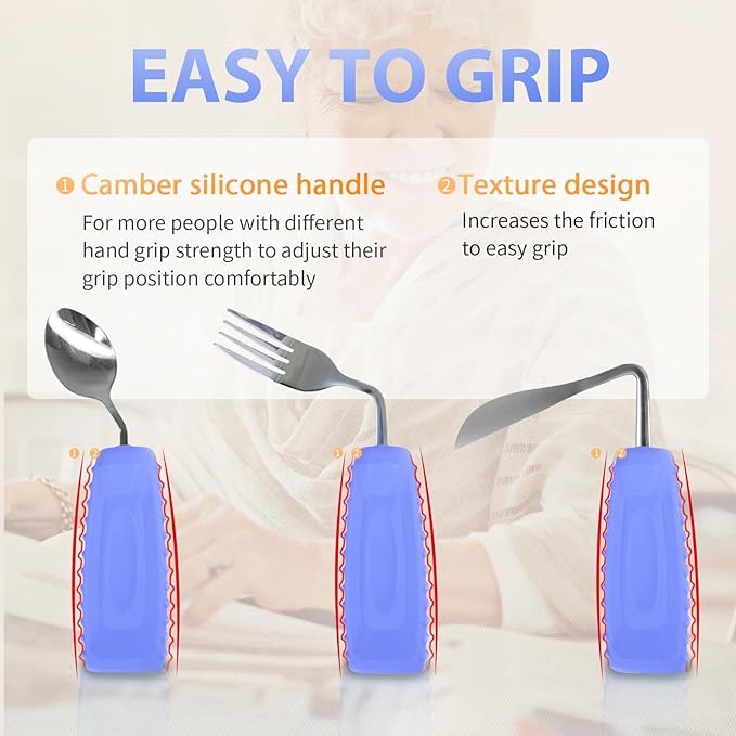 Adaptive Utensils Angled Spoon and Fork for Hand Tremors Parkinsons,Weighted Utensils with Non-Slip Easy Grip Handles for Independent Eating (1pcs Knife+1pcs Fork+1 pcs Spoon,Purple,Right Hand)