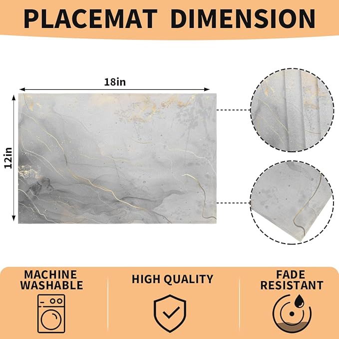 Grey Marble Placemats Set of 4, Washable Minimalist Style Placemats, Non-Slip Table Rectangle Linen Place Mats for Kitchen Dining Party Home Indoor Table Decor, Modern Art on The Dining Table