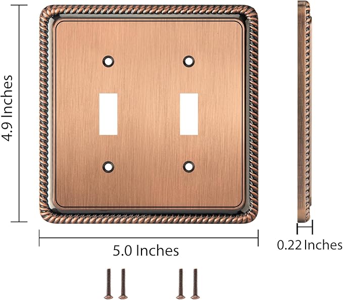 Henne Bery Rope Edge Decorative Wall Plate Switch Plate Outlet Cover (Double Toggle, Antique Copper)