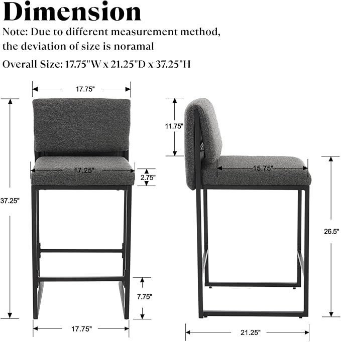 Modern Barstools Set of 4, 26” Upholstered Counter Height Bar Stools Sherpa Fabric Counter Stools with Padded Back Metal Frame for Kitchen Island Dining Room, Black