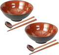 Ceramic Japanese Style Ramen Bowl Set with Chopsticks,8 inch 40 oz Pho Bowls & Asian Soup Bowl and Spoons Set for Udon Noodle,Soba,Miso Soup,Set of 2 (red)
