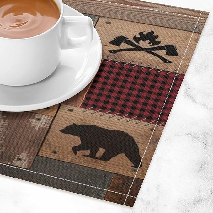 Vintage Bear Deer Placemats Rustic Wildlife Moose Forest Animal Cabin Lodge Lake Pine Heat-Resistant Linen Table Place Mats for Dining Kitchen Country Camp Style Farmhouse Decor 6 PCS, Countryside-7