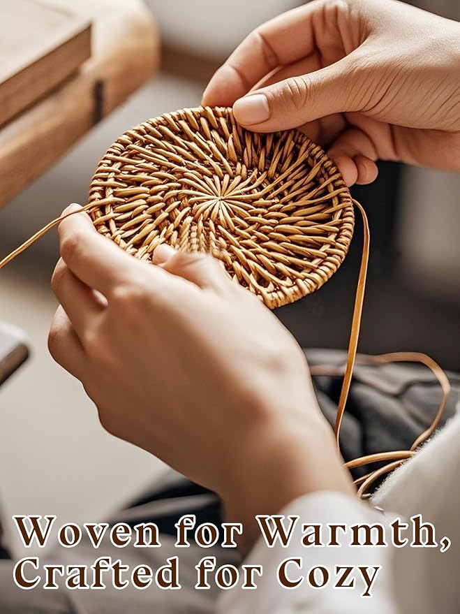 6pcs Natural Handmade Rattan Coasters with Holder - Wicker Drink Coasters Set for Protecting Table, Housewarming Gifts Boho Home Decor
