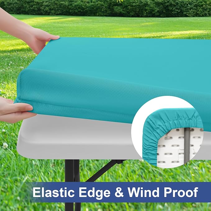 homing 2 Pack Rectangle Table Cloth, Elastic Fitted Fabric Tablecloth Fits for 8 Foot Folding Tables, Washable Table Cover for Picnic, Camping, Indoor & Outdoor (Turquoise, 30" x 96")