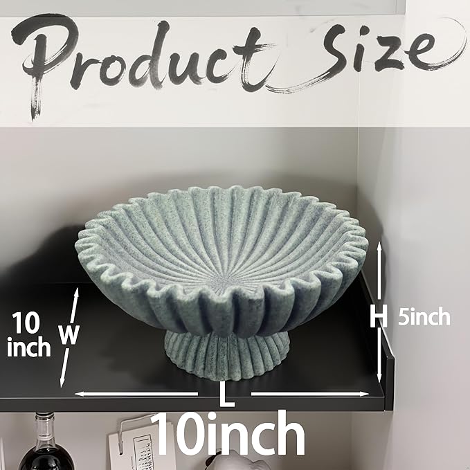 10" Large Decorative Bowl decor, Scalloped Bowls for Modern Home Decor,Ruffle Decor,Stylish Key Bowl for Entry Table,Decorative Fruit Bowl for Kitchen Counter,With base,Artificial Stone Marble Color