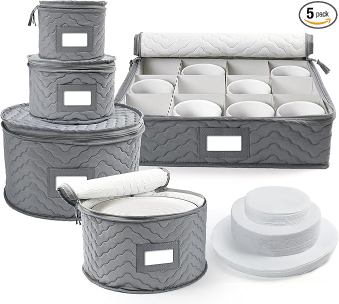 LotFancy China Storage Containers, Quilted 5-Piece Set Storage Box, Chinaware Dinnerware Dish Plate Mug Cup Storage Case, 48 Felt Protectors, Cardboard Dividers Included