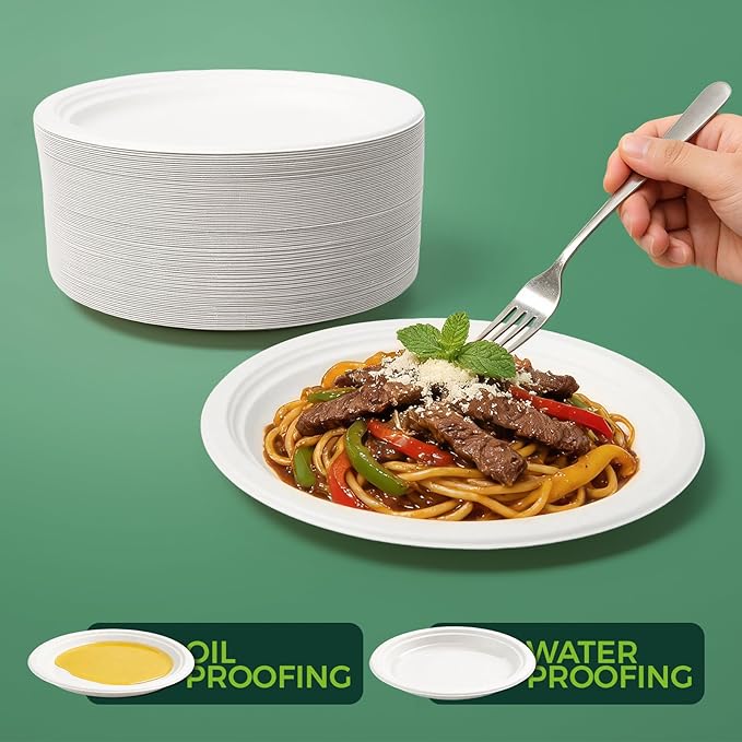 100% Compostable 9 inch Paper Plates, [125-Pack] Disposable Party Plates, (BPI Certified)-Heavy Duty, Eco-Friendly Dinner Paper Plates, Biodegradable Sugarcane Plates, white