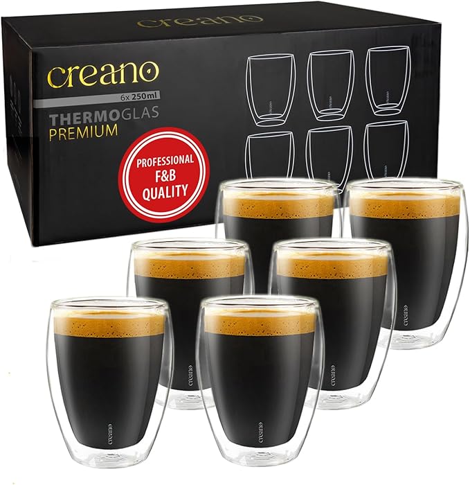 Creano Premium Double-Walled Drinking Glasses 9oz / 250 ml - Set of 6 - Professional Quality - 100% Dishwasher Safe (6x 9oz)