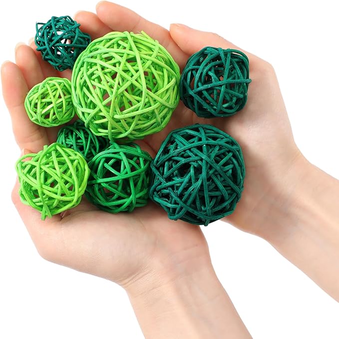 Patelai 36 Pcs Wicker Rattan Balls Decorative Balls for Vase Centerpiece Bowls Orbs Filler for Home Decor,4 Sizes (Dark Green, Grass Green, Fluorescent Green,2.4'',2'',1.6'',1.2'')
