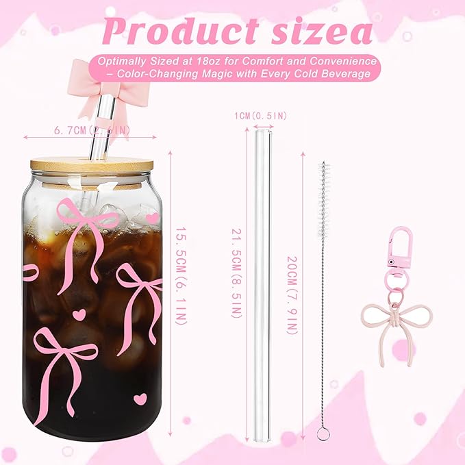 Mason Life Coquette Pink Glass Cups 18OZ Cute Bow Tumbler Glass Cup with Keychain and Straw Cover Valentines Day Galentines Gift for Iced Coffee Smoothie Cocktail Matcha Teen Girls Preppy Stuff