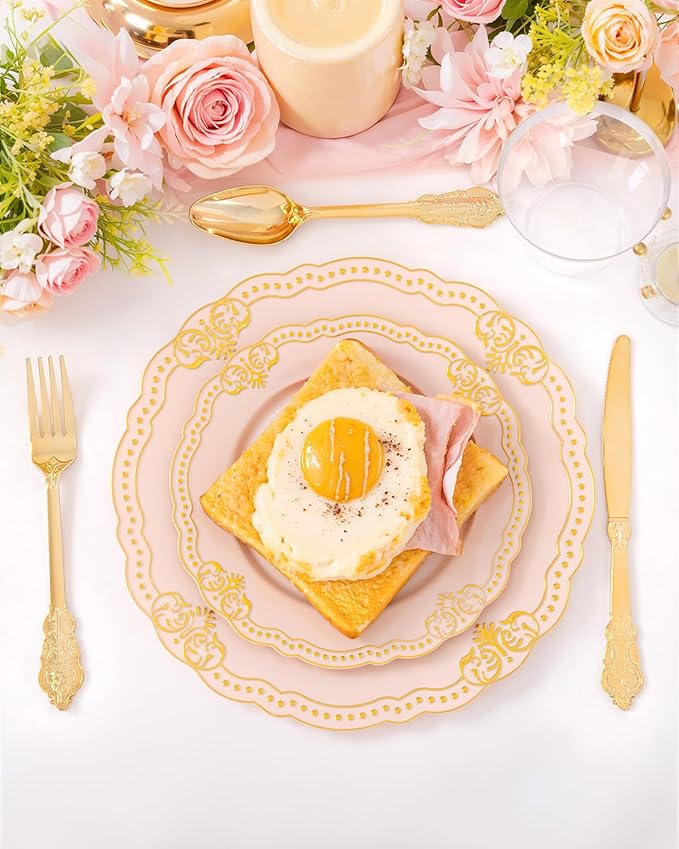 Ciaell 350 PCS Pink Plastic Plates - Pink and Gold Disposable Plates Include 50 Disposable Plate, 150 Heavy Duty Silverware, 50 Cups, 50 Napkins for Wedding & Party & Anniversary & Valentine's Day