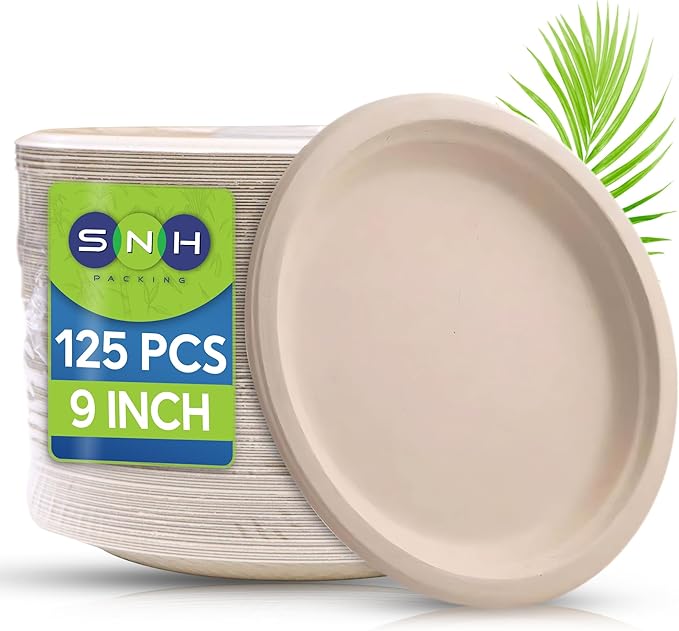 SNH Packing 100% Compostable Plates 9 Inch [125-Pack], Heavy Duty Dinner Paper Plates, Eco-Friendly Biodegradable Sugarcane Bagasse, Natural Brown Disposable Plates for Dessert, Party, BBQ & Picnic