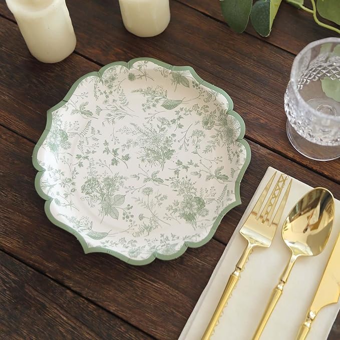 50 Pack 8" Sage Green Dessert Plates in French Toile Floral Pattern, Disposable Round Paper Appetizer Salad Plates 300 GSM for Party Decoration