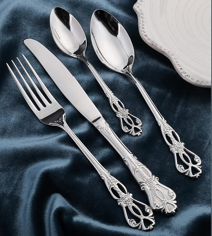 Silverware Set for 14 Stainless Steel Flatware Set Palace Style Hollow Relief Decoration 56 Piece Cutlery Utensils Include Knives Forks and Spoons Tableware Set for Home Kitchen Restaurant Party