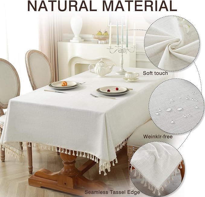 JIALE Textured Tablecloths, Heavy Duty Cotton Linen Farmhouse Table Cloth Rectangle Table, Waterproof Wrinkle-Free Rectangle Tablecloth for Kitchen, Dining, Parties, 55"x75", Ivory