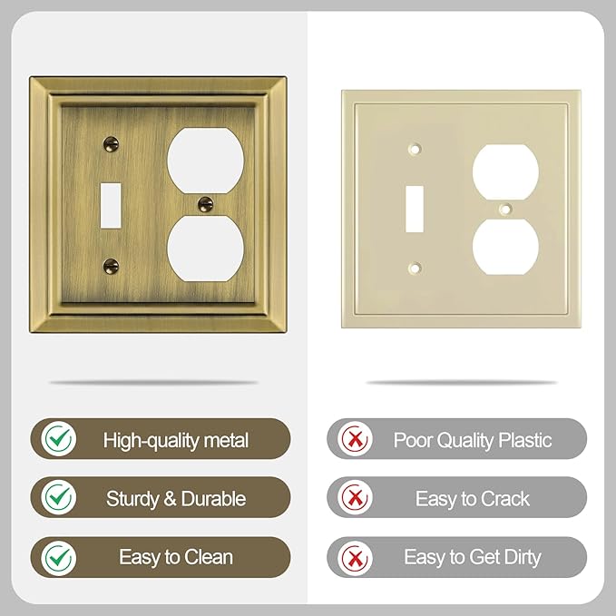 Metal Wall Plate for Electrical Outlets, Decorative Antique Brass Switch Plates Outlet Cover, Light Switch Cover Plate, 2-Gang Wall Plates (Toggle/Duplex, 2 Pack)