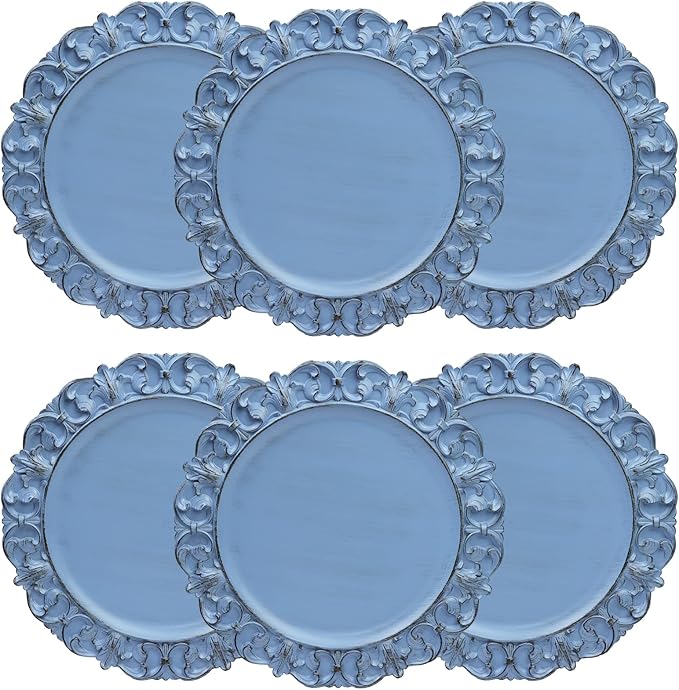 13" Antique Blue Charger Plates, Set of 6 Plastic Textured Chargers for Dinner Plates with Embossed Rim, Table Décor, Party, Wedding, Holiday
