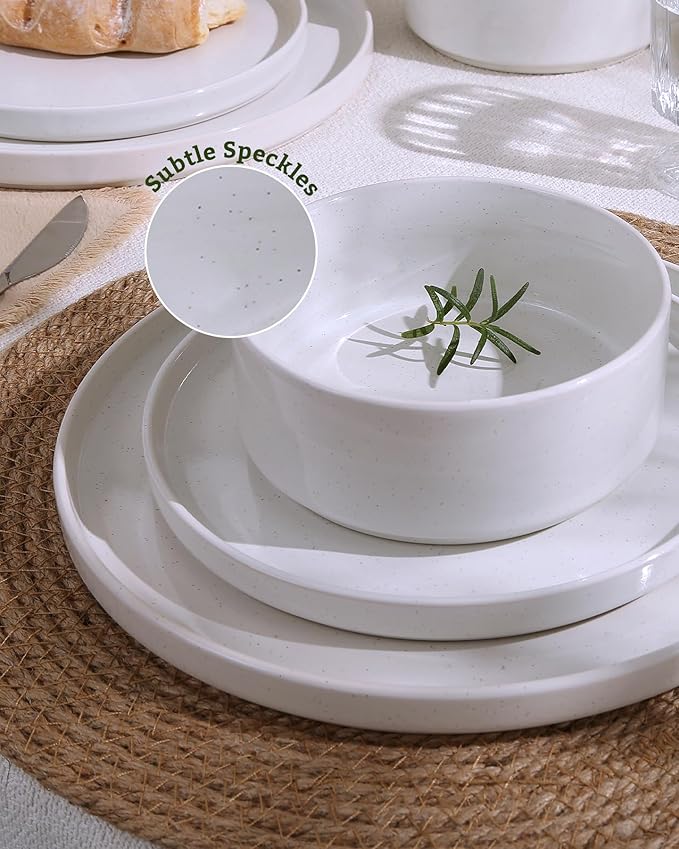 Famiware Nebula Dinnerware Sets with Mugs, Service for 4 (16 Pieces), Fine Stoneware Plates and Bowls Sets, Microwave and Dishwasher Safe Dishes Set, White