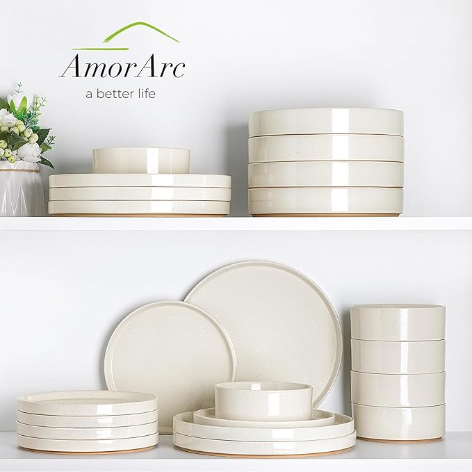 AmorArc Ceramic Dinnerware Set for 6 | Speckled Stoneware Plates and Bowls with Rustic Terracotta Underside| Scratch Resistant,Dishwasher & Microwave Safe Dishes Sets- 18pcs