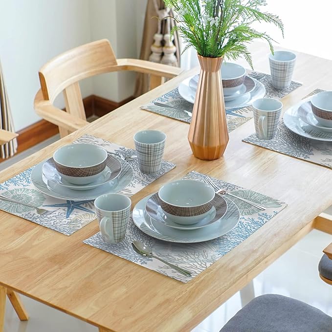 aportt Nautical Placemats Set of 4 Starfish Beach Theme Ocean Seashell Washable Non-Slip Heat Resistant 12×18 Inch Coastal Summer Thick Place Mats Decorative Linen Fabric Table Mat for Dining (FF)