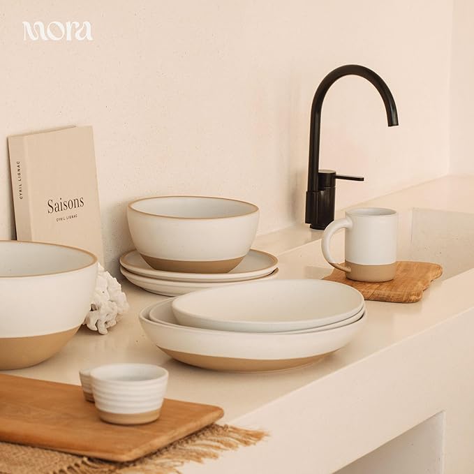 MORA Mega and Giant Serving Dishes Set of 2, 16 inch and 14 inch Ceramic Pottery Oval Platters - Microwave, Oven and Dishwasher Safe - Oat