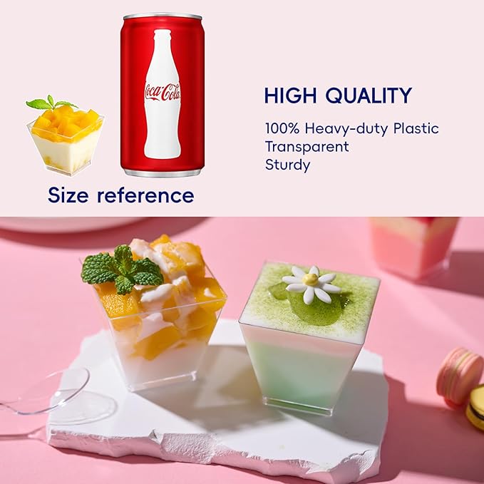 JOLLY CHEF 100 Pack 2oz Square Mini Dessert Cups with Spoons, Clear Plastic Parfait Appetizer Cup, Small Plastic Dessert Serving Bowl for Tasting Party