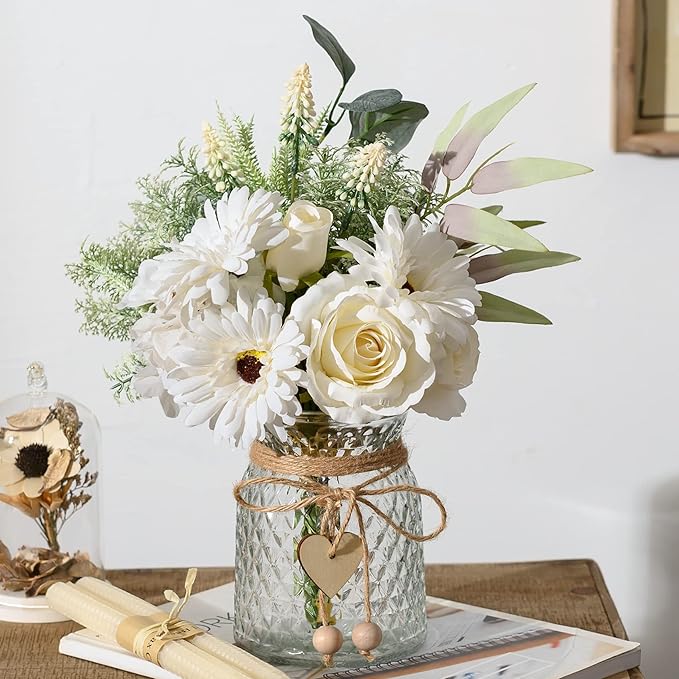 Artificial White Flowers with Vase, Fake Flowers Arrangement for Home Decor, Faux Flowers for Farmhouse Coffee Table Decor, House Kitchen Centerpiece Table Decorations