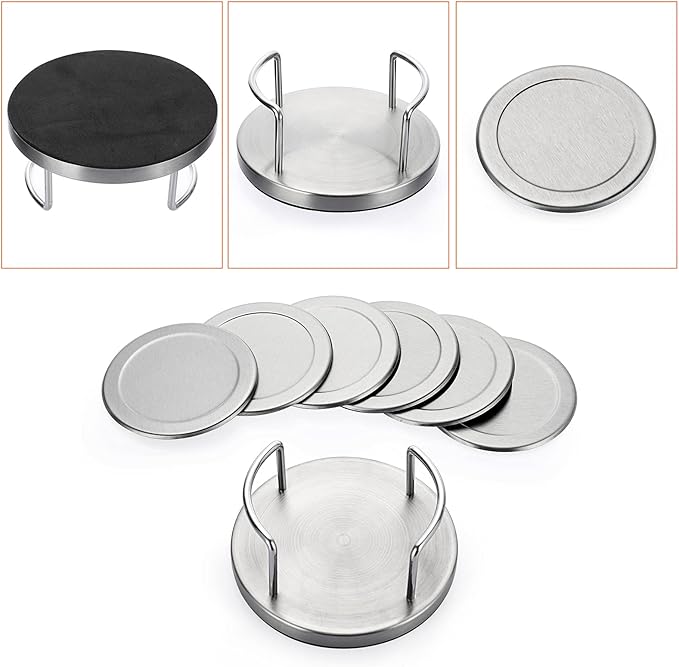 JUXYES Set of 6 Stainless Steel Round Coasters with Holder & Sponge Bottom, Silver Metal Cup Coasters Set Stunning Cool Coaster Cups Mats Decor for Restaurant Kitchen bar Dining Table