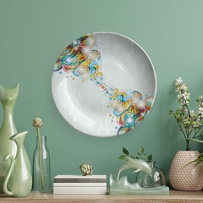 Ceramic Plates, Abstract Decorative Ceramic Plates, Modern Design Rainbow Waves Circles Patterned, 7 Inch, Household Plates Decorative, Multicolor