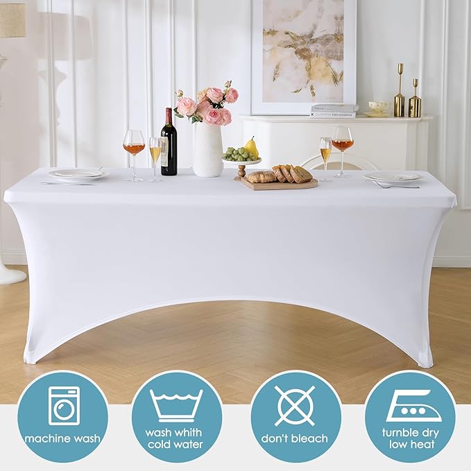 VidaFete Spandex Tablecloth 6 Pack 6FT, Fitted Stretch Table Cover for Rectangle Tables, Wrinkle Resistant and Washable Tablecloths for Outdoor, Picnic, Party, Wedding, Banquet, Birthday, White