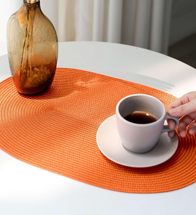 FunWheat Oval Braided Placemats Set of 6 Table Mats for Dining Tables Woven Washable Non-Slip Shining Place mats12x18 Inch Table mats for Indoor Outdoor Use(Oval Orange, 6pcs)