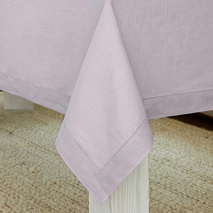 Solino Home Lilac Linen Tablecloth 60 x 132 Inch - 100% Pure Linen Hemstitch Table Cloth for Rectangle Tables - Classic Hemstitch, Machine Washable Tablecloth for Valentines, Spring, Easter