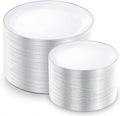 KIRE 200PCS Silver Plastic Plates - White Plastic Plates with Silver Rim Include 100 Dinner Plate and 100 for Dessert/Salad Plate for Birthday/Wedding/Party for Christmas