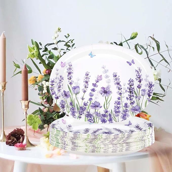 50 Pcs Lavender Oval Paper Plates Large 10" x 12" Spring Purple Lavender Floral Plates Disposable Heavy Duty Butterfly Flower Plates for Wedding Purple Baby Shower Lavender Birthday Party Decorations