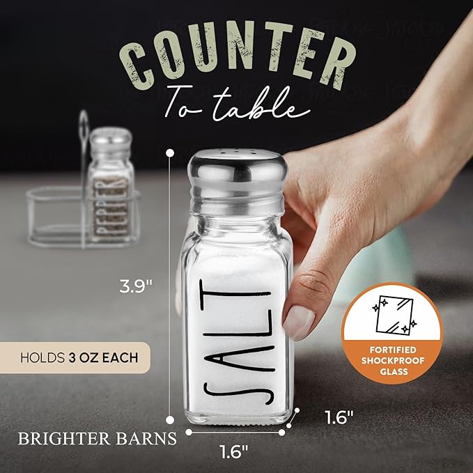 Clear Glass Salt and Pepper Shakers Set with Holder by Brighter Barns - Dining Table Countertop Accessories, Farmhouse Kitchen Decor - Glass Shakers with Caddy for Restaurant, BBQ, Camping, RV (Clear)