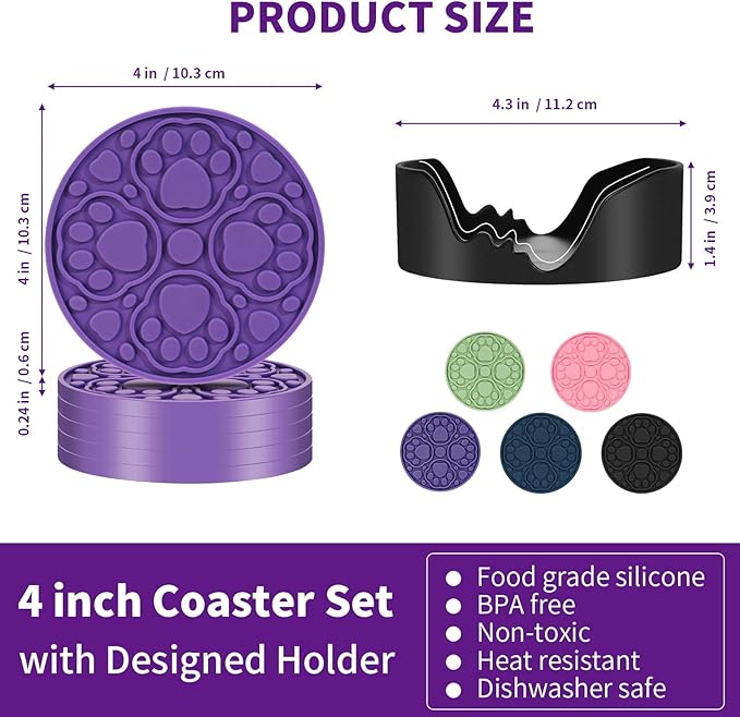 6 Pack Purple Silicone Coffee Coasters with Holder, 4 Inches Non-Slip Decorative Round Coaster for Tabletop, Desk Dishwasher Safe Cup Mat for Bar, Drinks, Beer