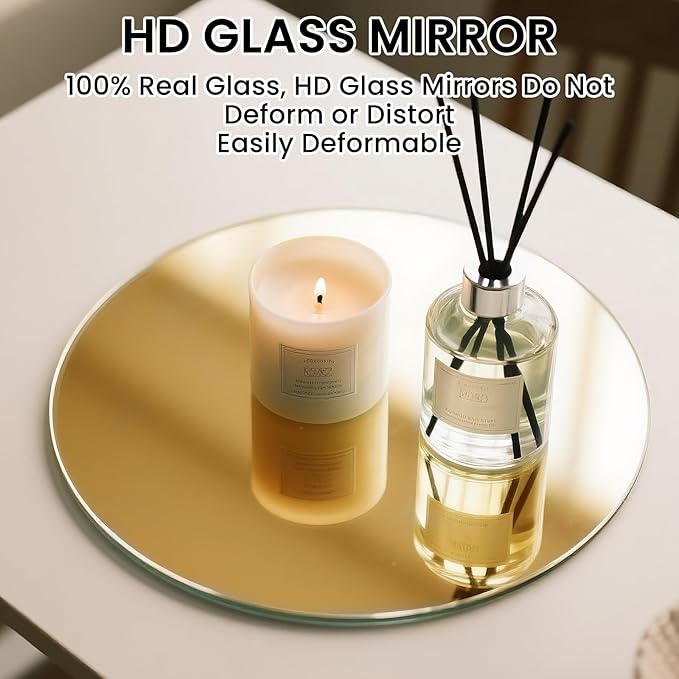 12" Gold Mirror Centerpieces for Table, 12Pcs Glass Round Mirror Table Centerpieces，Color Glass Trays with Feet for Wedding Decorations,Parties,Baby Shower, 2mm Thick
