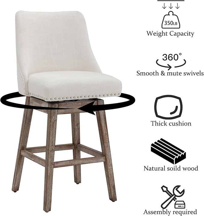 27.5" Counter Height Bar Stool, Linen Fabric Mid Century Modern Swivel Barstool with Back & Wood Legs Comfy Upholstered Counter Chair for Home Bar/Dining Room/Restaurant, Cream