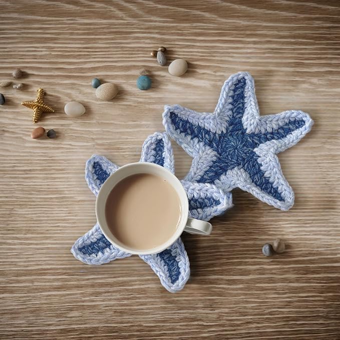 UMIRRO Handwoven Drink Coasters for Coffee Table, Ocean Themed Gifts for Beach Lovers, Coastal Kitchen Decor for Home - Blue Starfish, Set of 2