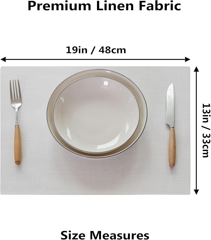 Demetex White Placemats Set of 6 Heat Resistant Linen Place Mats Washable Dining Table Plate Mat for Holiday Wedding Kitchen Decor, Pure White