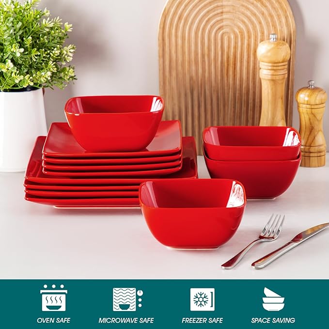 vancasso Soho Dinnerware Sets 12 Pieces, Red Stoneware Square Place Setting, Dinner Plate, Plates and Bowls Sets, Dishes Service for 4