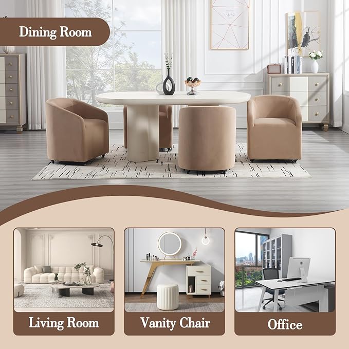 Modern Barrel Dining Chairs with Rolling Casters Set of 6, Upholstered Velvet Swivel Dining Room Chairs with Wheels for Kitchen Living Room Home Office, Khaki
