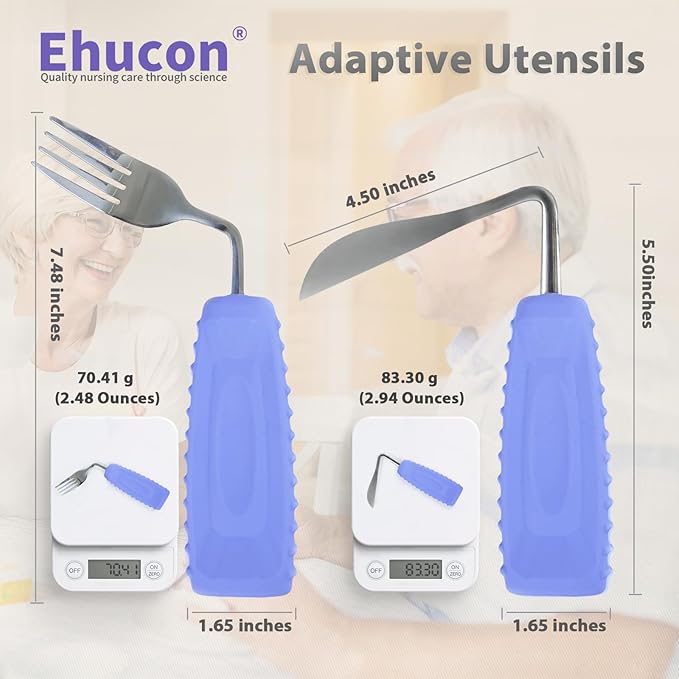Adaptive Utensils Angled Knife and Fork for Hand Tremors Parkinsons,Weighted Utensils with Non-Slip Easy Grip Handles for Independent Eating (1pcs Bent Knife+1pcs Fork,Purple,Right Hand)